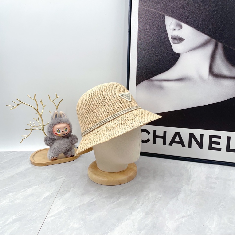 Prada Triangle Logo Straw Bucket Hat - Picture 3 of 8